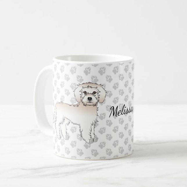 Cream Mini Goldendoodle Serieteckning Hund & Namn Kaffemugg (Framsida vänster)