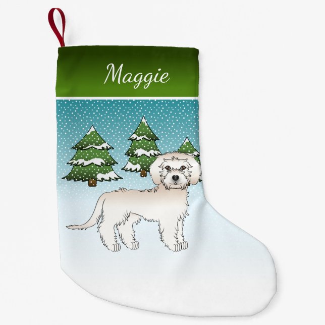 Cream Mini Goldendoodle - Vinter Skog & Namn Liten Julstrumpa (Framsidan)