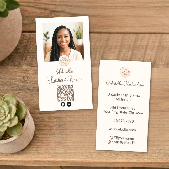 Cream Mocha Logo QR Code Photo Lashes and Brows Visitkort (Skapare uppladdad)
