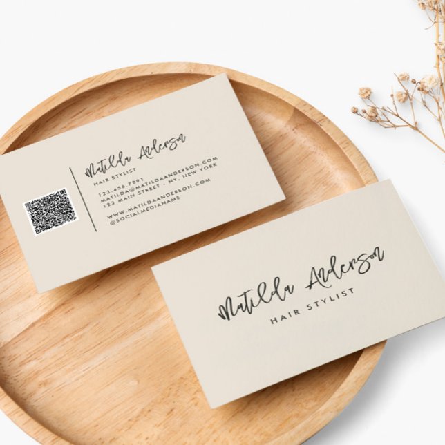 Cream modern minimal skript QR CODE Visitkort (Skapare uppladdad)