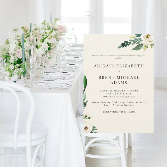 Cream Modern White Blommigt Bride Parents Bröllop Inbjudningar (Skapare uppladdad)