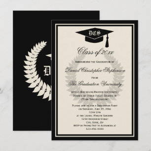 Cream Monogram Laurel Classic College Graduation Inbjudningar