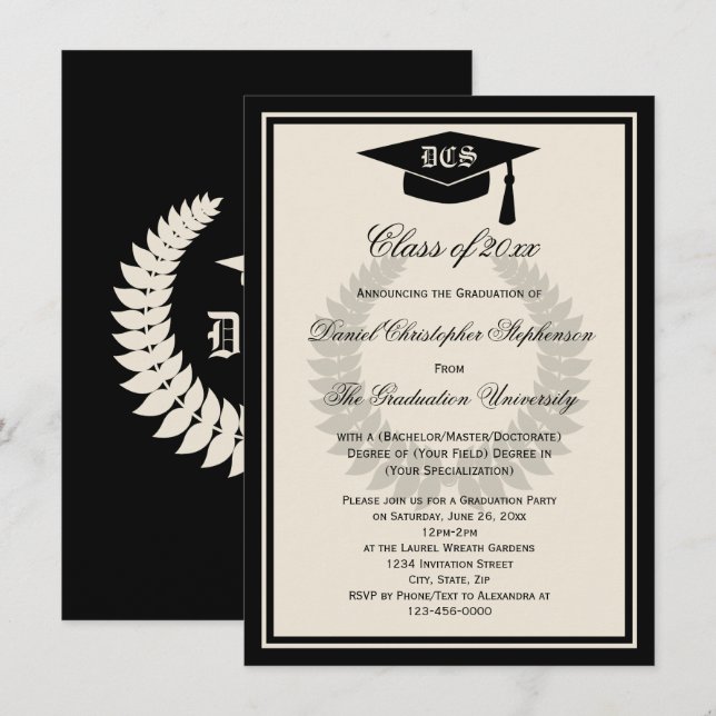 Cream Monogram Laurel Classic College Graduation Inbjudningar (Fram/baksida)