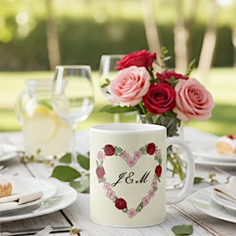 Cream mug with pink and red hearts kaffemugg