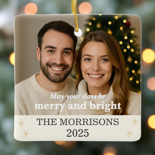 Cream Neutralt & Guld Family Photo Snowflake Julgransprydnad Keramik (Skapare uppladdad)