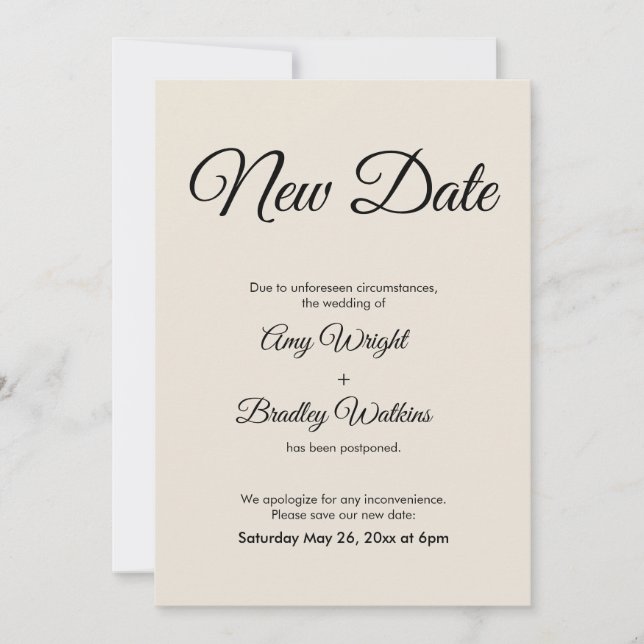 Cream Ny datum för bröllopsannonsering uppskjutet Inbjudningar (Framsida)