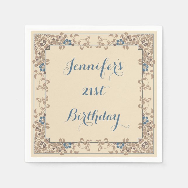 Cream och blå art nouveau blommigt gräns pappersservett (Framsidan)