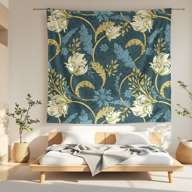 Cream och Blue Blommigt Art nouveau Fleecefilt (detail)