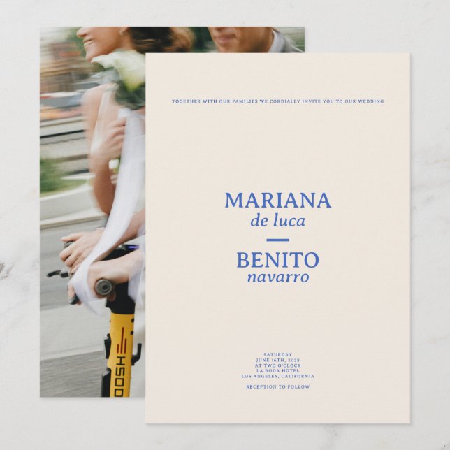 Cream och Blue Modern Minimalist Photo Bröllop Inbjudningar (Fram/baksida)