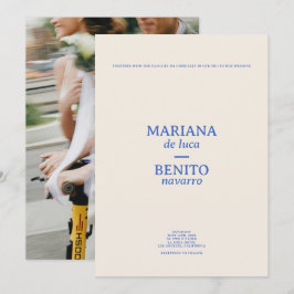 Cream och Blue Modern Minimalist Photo Bröllop Inbjudningar