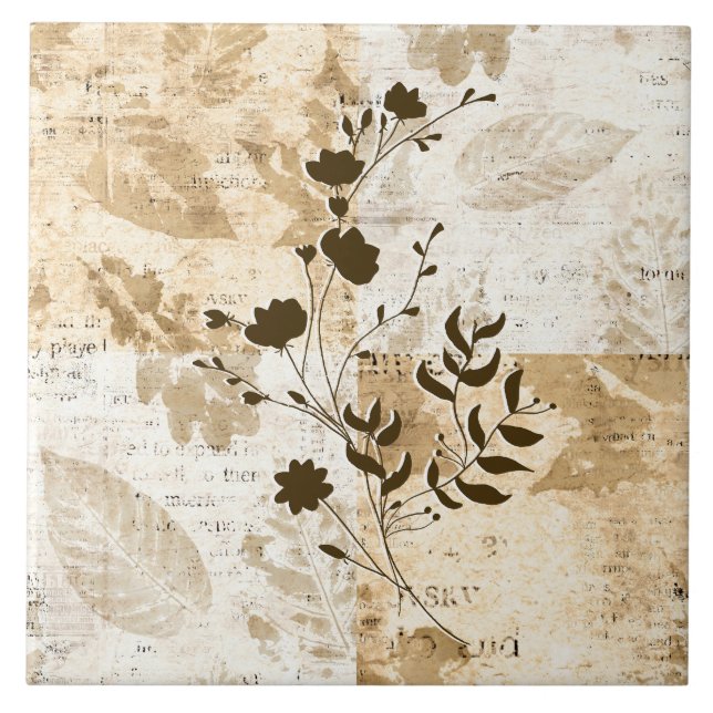 Cream och Brown dekorativ Blommigt Tile Kakelplatta (Framsidan)