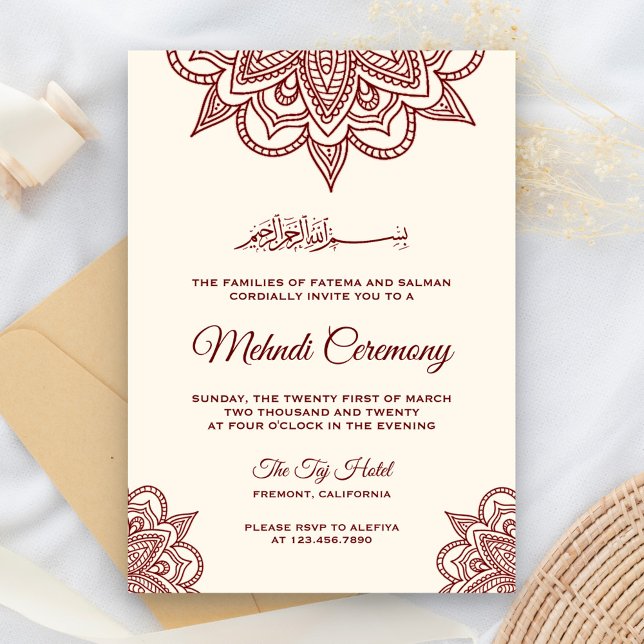 Cream och Burgundy Islamic Mehndi Ceremony Inbjudningar (Skapare uppladdad)