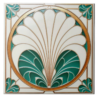 Cream och Grönt Art Deco Ceramic Tile. Kakelplatta