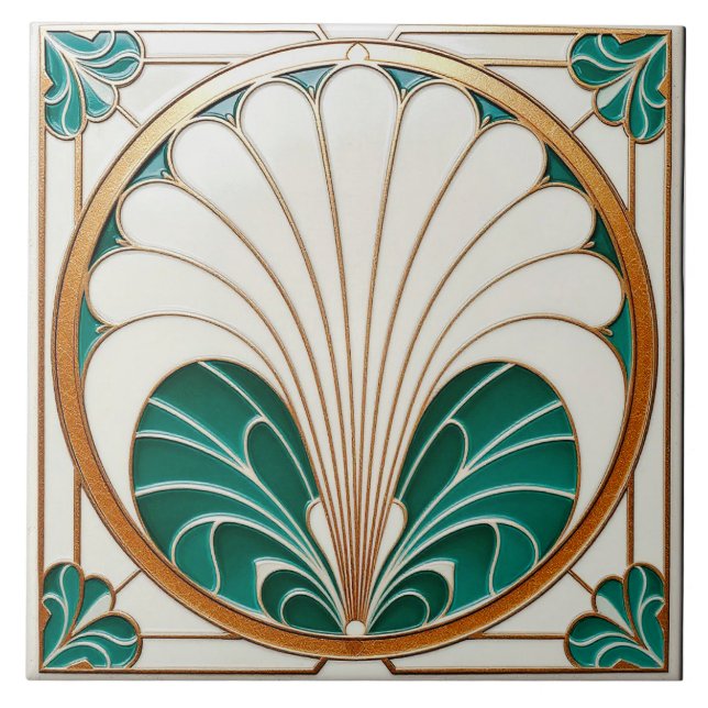 Cream och Grönt Art Deco Ceramic Tile. Kakelplatta (Framsidan)