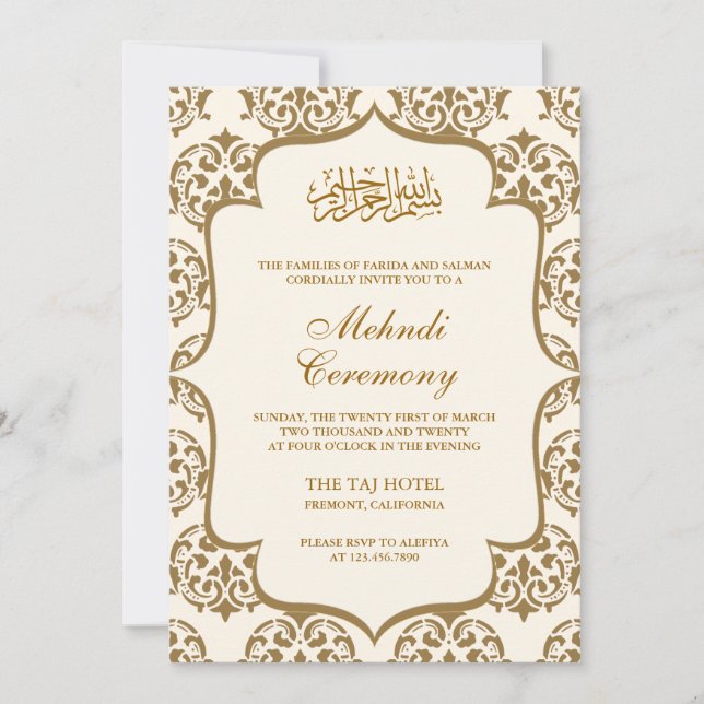 Cream och Guld Damask Islamic Mehndi Ceremony Inbjudningar (Framsida)
