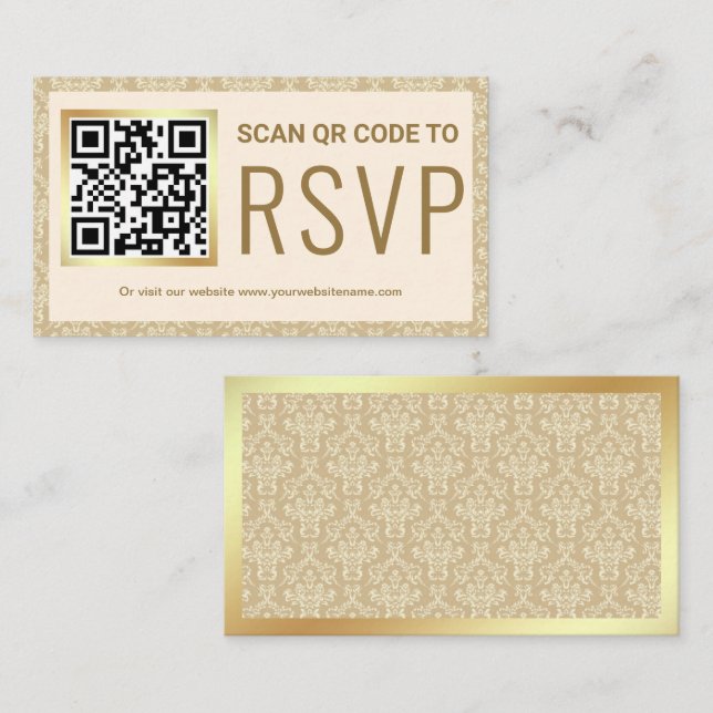 Cream och Guld Damask QR Code OSA Bröllop webbplat Tilläggskort (Fram/baksida)