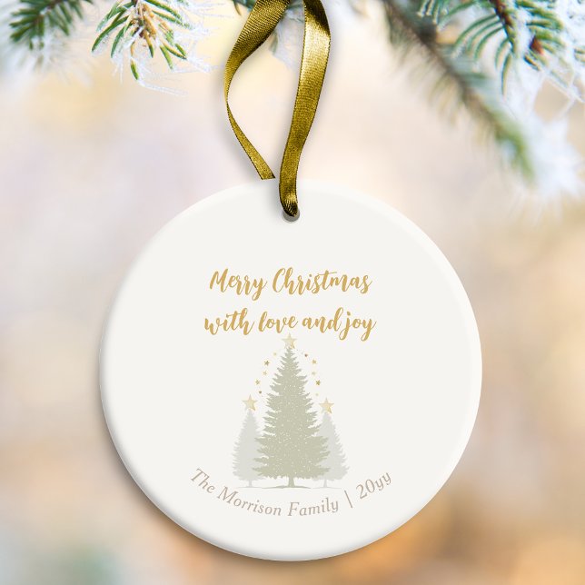 Cream och Guld Julgran och Stars Julgransprydnad Keramik (Cream and Gold Christmas Tree and Stars Ceramic Ornament)