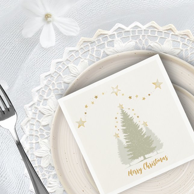 Cream och Guld Julgran och Stars Pappersservett (Cream and Gold Christmas Tree and Stars Napkins)