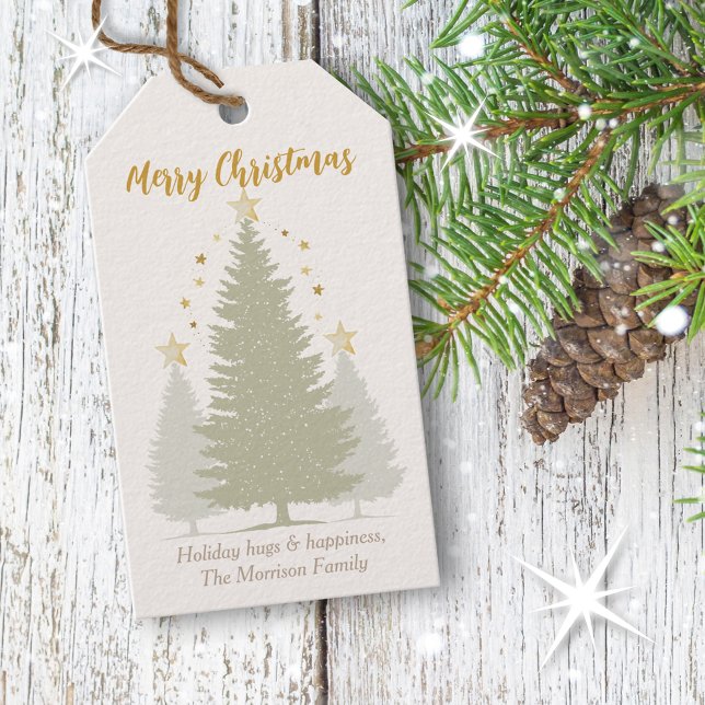Cream och Guld Julgran och Stars Presentetikett (Cream and Gold Christmas Tree and Stars Gift Tags)