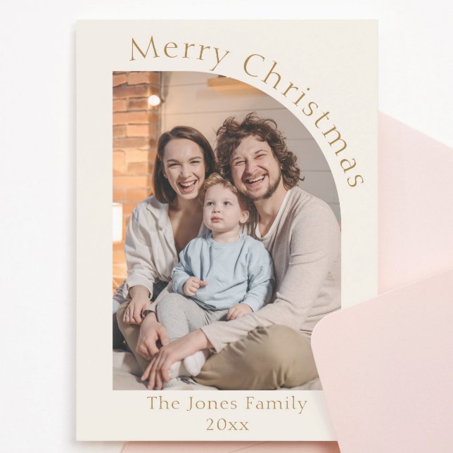 Cream och Guld Modern Arch Photo jul Julkort (cream, tan, and gold modern simple arch photo holiday card)