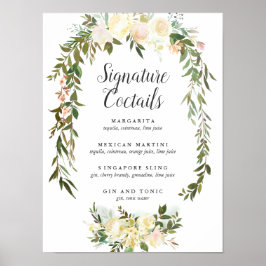 Cream och Ivory Blommigt Namnteckning Cocktail-tec Poster