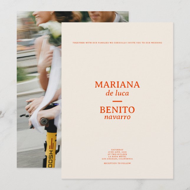 Cream och Red Modern Minimalist Photo Bröllop Inbjudningar (Fram/baksida)