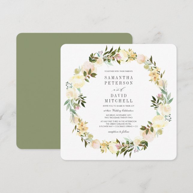 Cream och Sage | Botaniska Garland Blommigt Bröllo Inbjudningar (Fram/baksida)