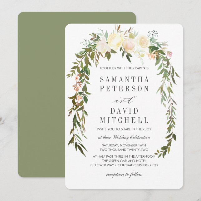Cream och Sage | Botaniska Garland Blommigt Bröllo Inbjudningar (Fram/baksida)