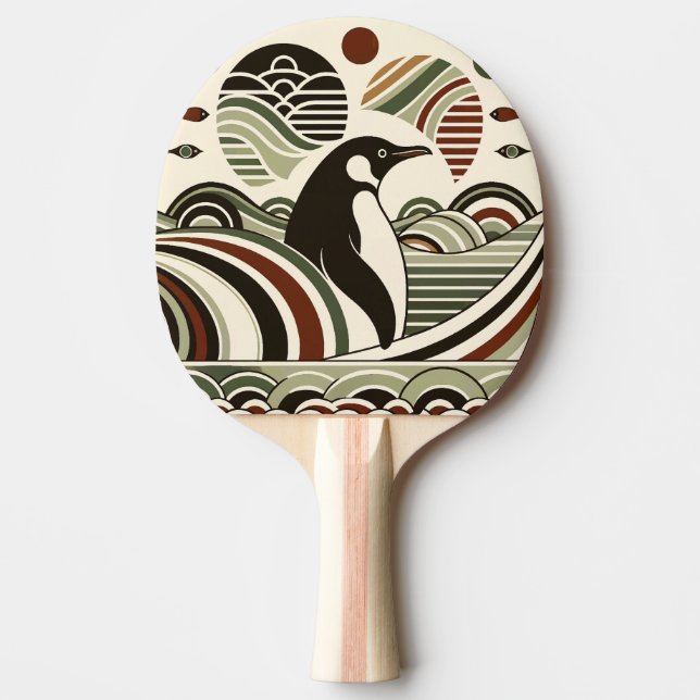 Cream Oliv grönt Maroon Penguin Vågar i Art Deco Pingisracket (Framsidan)