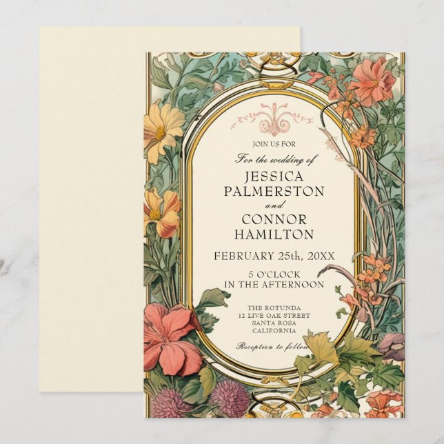 Cream Orange Grönt Vintage Blommigt Bröllop Inbjudningar (Fram/baksida)