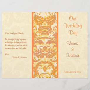 Cream, Orange, Guld Damask Wedding Program