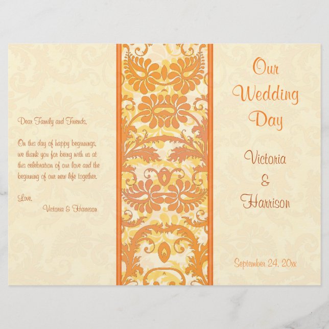 Cream, Orange, Guld Damask Wedding Program (Framsida)