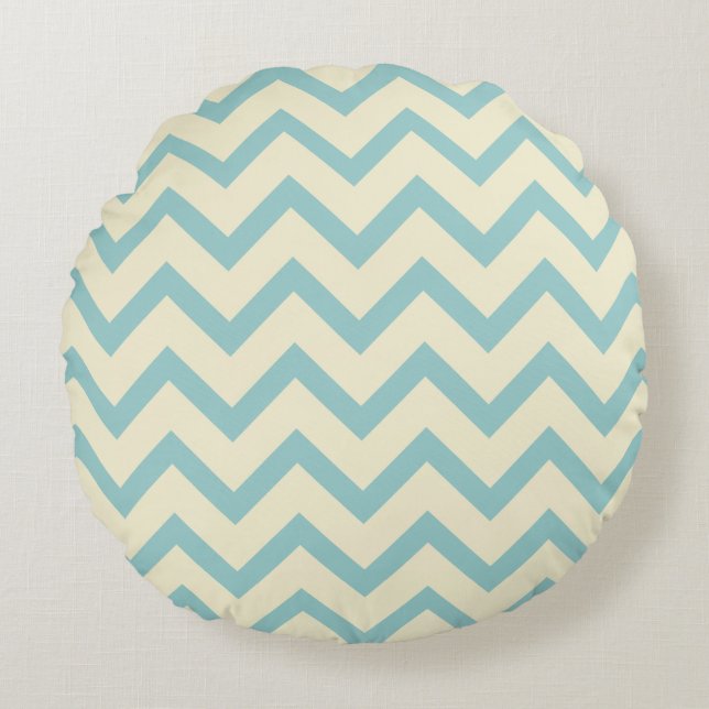 Cream & Pastel Teal Chevron Zigzag Mönster Rund Kudde (Framsidan)