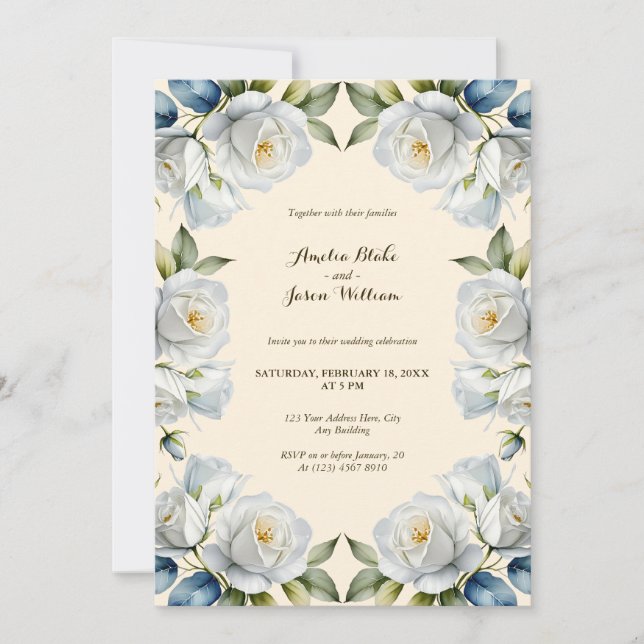 Cream Pastel Vit ros Blommigt Gräns Bröllop Inbjudningar (Framsida)
