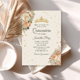 Cream Peach Blommigt och Guld Tiara Quinceanera Inbjudningar