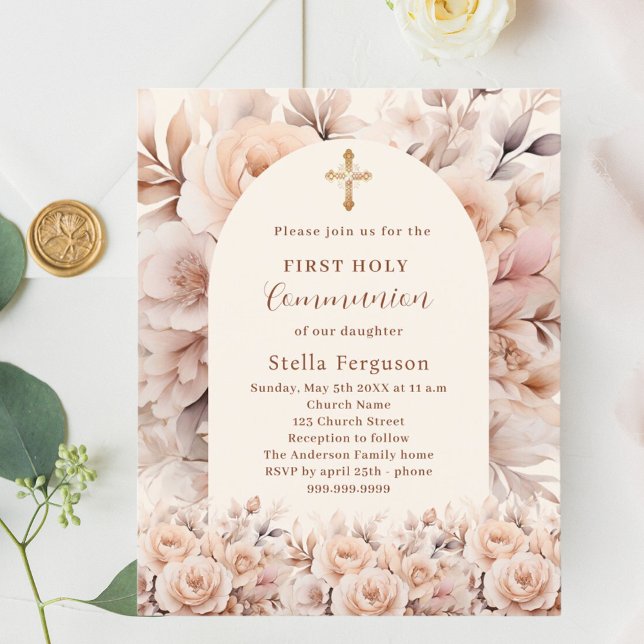 Cream Peach ro arch First Communion-inbjudan (Skapare uppladdad)