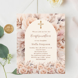 Cream Peach ro blommigts arch First Communion Inbjudningar