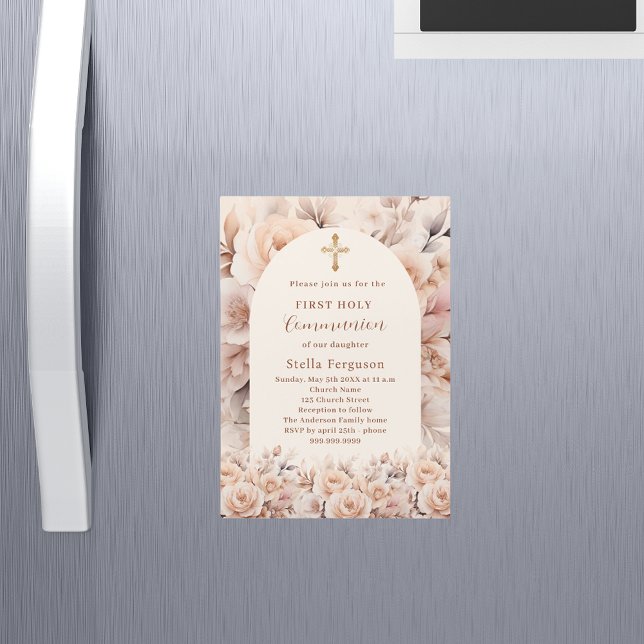 Cream Peach ro blommigts arch First Communion Magnetisk Inbjudningskort (Skapare uppladdad)