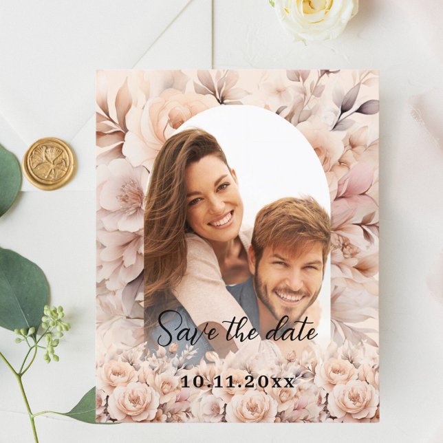 Cream Peach ro fotobåge bröllop spara datum (Skapare uppladdad)