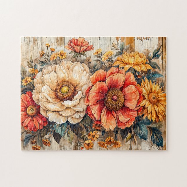 Cream Peony and Orange Zinnia on Wood Pussel (Horisontell)
