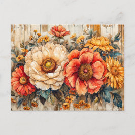 Cream Peony and Orange Zinnia on Wood Vykort