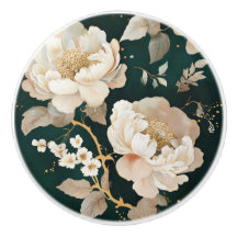 Cream Peony Blommigt Ceramic Drawer Drag - Elegant