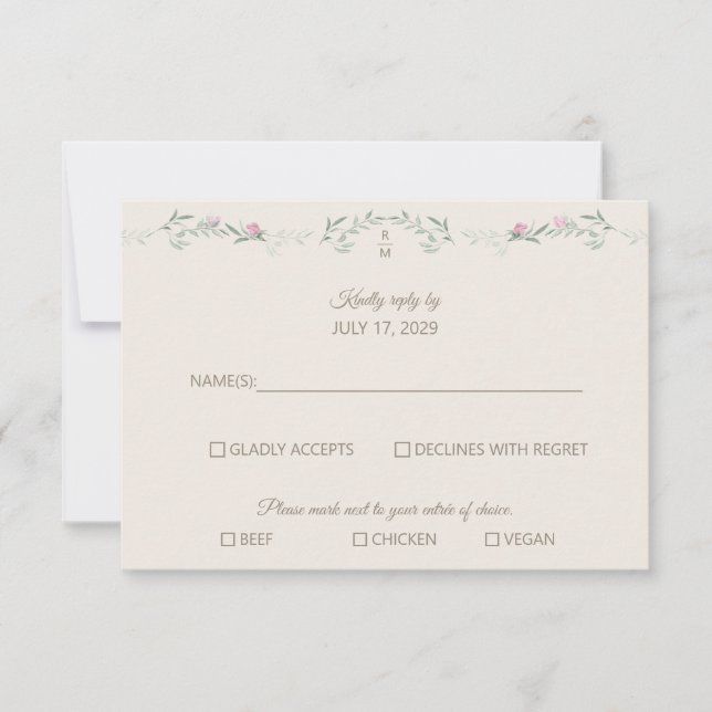 Cream Pink Foliage Monogram RSVP Response Card OSA Kort (Framsida)