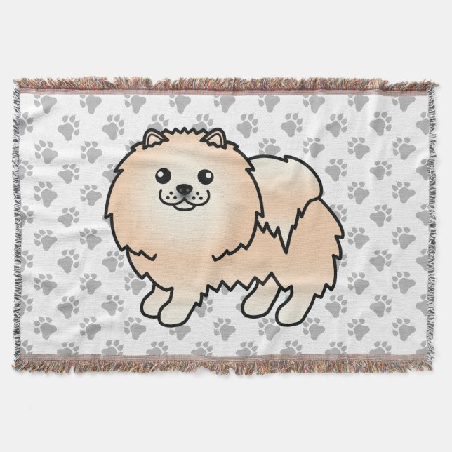 Cream Pomeranian Söt Tecknad Hund & Tass Filt (Framsidan)