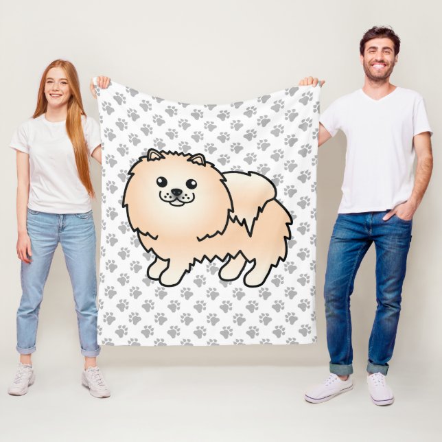 Cream Pomeranian Söt Tecknad Hund & Tassar Fleecefilt (På plats)