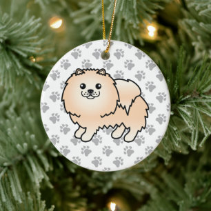 Cream Pomeranian Söt Tecknad Hund & Tassar Julgransprydnad Keramik