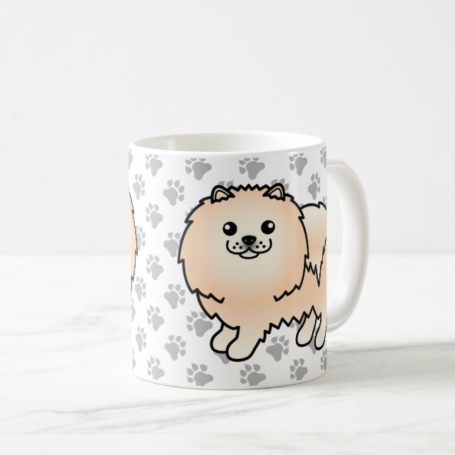 Cream Pomeranian Söt Tecknad Hund & Tassar Kaffemugg (Framsida höger)
