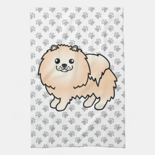 Cream Pomeranian Söt Tecknad Hund & Tassar Kökshandduk