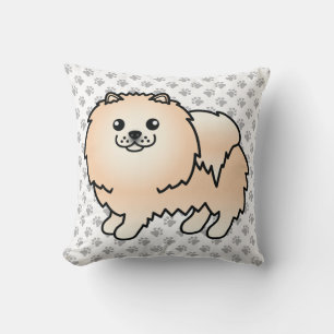Cream Pomeranian Söt Tecknad Hund & Tassar Kudde