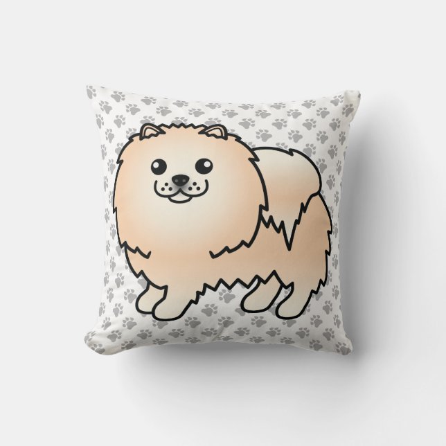 Cream Pomeranian Söt Tecknad Hund & Tassar Kudde (Framsida)